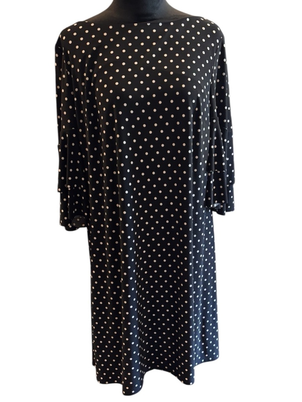Lauren Ralph Lauren Black and White Polka Dot Bell Sleeve Midi Shift Dress,sz16
